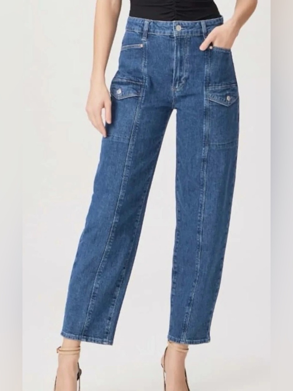 NWT PAIGE Women's Alexis Straight-Leg High-Rise Blue Cargo Jeans Size 28